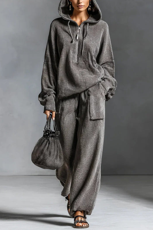 Solid Color Loose-fitting Hooded Long-sleeved Sweatshirt and Elastic Waist Casual Pocket Pants Set