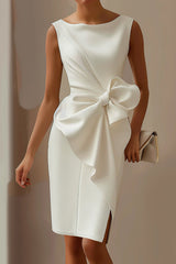 Solid Color Bow Decoration Round Neck Sleeveless Knee-Length Mini Dress