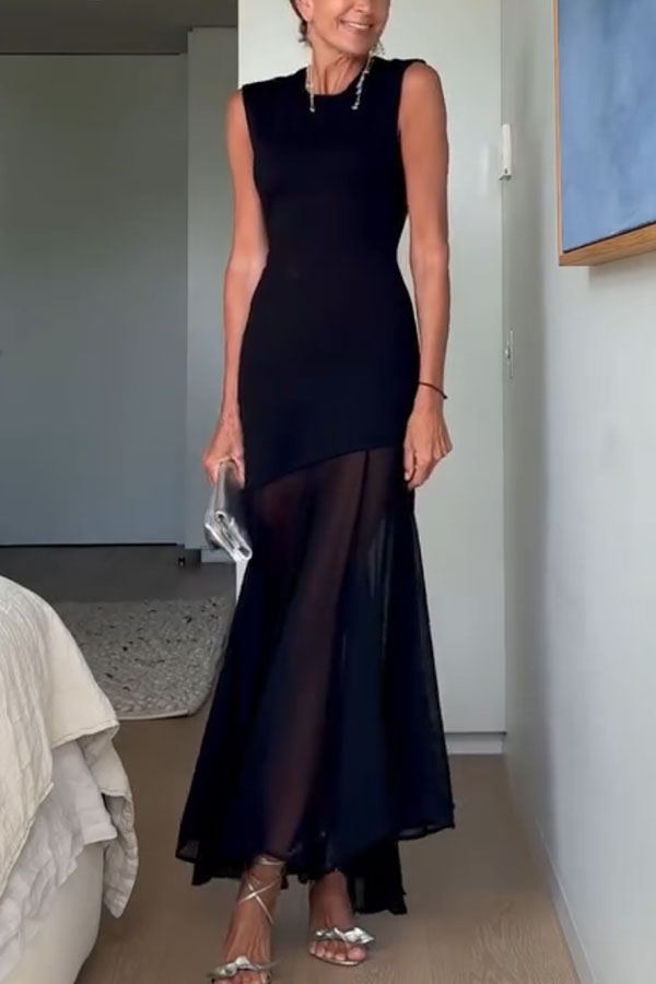 Alice Open Back Asymmetrical Tulle Hem Stretch Maxi Dress