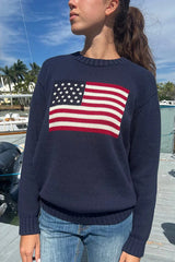Flag Pattern Knitted Casual Crewneck Long Sleeve Sweater