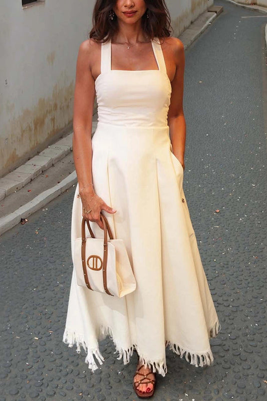 Bohemian Square Neck Pocket Tassel Holiday Maxi Dress