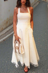 Bohemian Square Neck Pocket Tassel Holiday Maxi Dress