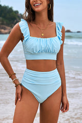 Floral Print Ruffled Two-piece Stretch Bikini Swimsuit and Elegant Gauze Scarf Set