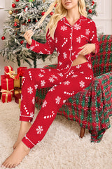 Snowflake Candy Print Casual Long-sleeved Shirt and Elastic Waist Pants Set
