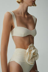 Solid Color Square Neck High Waist 3D Floral Stretch Bikini Swimsuit