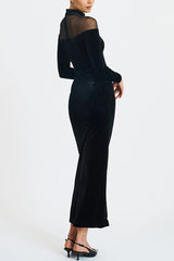Fashionable Velvet and Mesh Spliced long-sleeved Slim-fit Maxi Dress