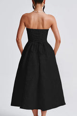 Jacquard Fabric Strapless Open Back Elegant Slim Midi Dress