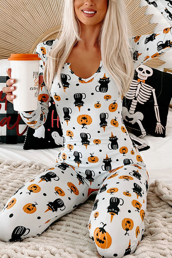 Ghost Country Halloween Print Long Sleeve Lounge Jumpsuit