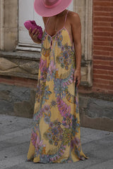 Plant Print Halter Back Loose Holiday Maxi Dress