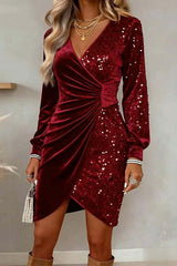 Fashionable Velvet Sequined V-neck Long-sleeved Slim-fit Mini Dress