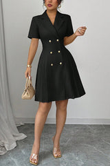 Solid Color Lapel Short Sleeve Button Waist Mini Dress