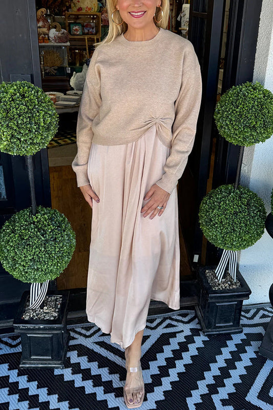 Practical Fashion Knit Ruched Sweater and Satin Stretch Tank Midi Dress Two-piece Set