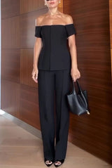 Solid Color Off-the-shoulder Single-breasted Top and Casual Pocket Straight-leg Pants Set