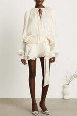 Ninah Glitter Fabric Pleated Balloon Sleeve Tiered Ruffle Hem Mini Dress