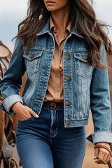 Stylish Lapel Long-sleeved Casual Button-pocket Denim Jacket