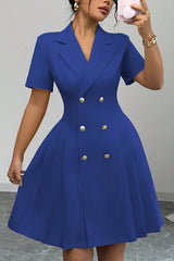 Solid Color Lapel Short Sleeve Button Waist Mini Dress
