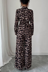 Fashionable Leopard Print Long-sleeved High-waisted Casual Wide-leg Jumpsuit