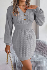 Buttoned V-neck twist lantern sleeves hip-hugging sweater dress