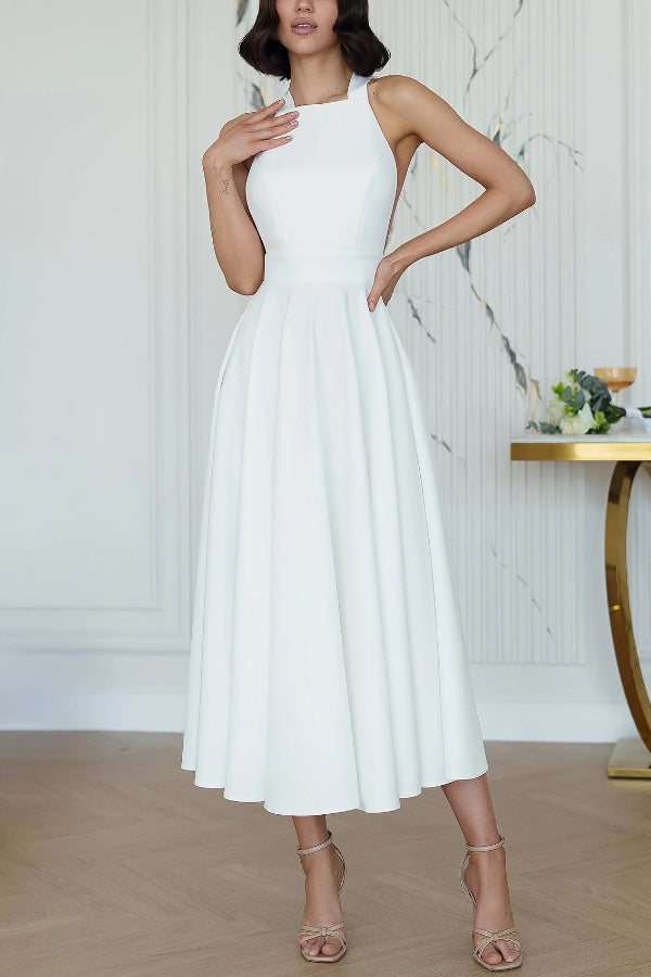 Solid Color Halter Neck Bow Tie Elegant Waist-cinching Midi Dress