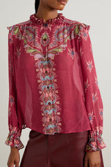 Unique Printed Chiffon Long-sleeved Loose Shirt and Elegant Ruffled Maxi Skirt Set