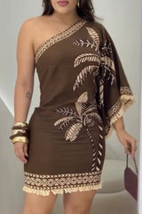 Unique Printed One Sleeve Fringe Fitted Mini Dress