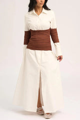 Fashionable Pleated Contrast Patchwork Waist Long Sleeve Button Shirt Maxi Dress