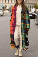 Fashionable Color-block Plaid Print Lapel Long-sleeved Casual Long Coat