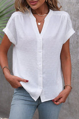 Solid Color Jacquard V-Neck Button Casual Shirt