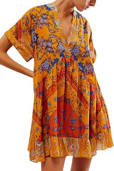 Bohemian Printed Casual Short Sleeve Ruffled Mini Dress