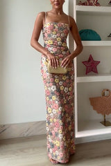 80's Inspired Floral Print Sequin Square Neck Slip Stretch Maxi Dress