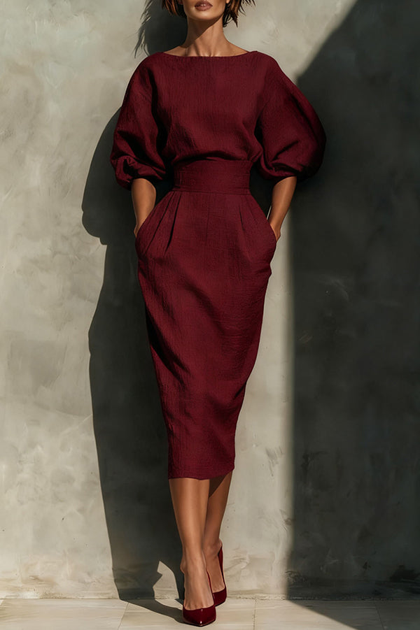 Elegant Puff Sleeve High-waisted Pocket Casual Midi Dress