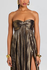 Metallic Sexy Tube Top Pleated High Slit Maxi Dress