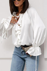 Satin Solid Color V-neck Tie Ruffle Casual Shirt