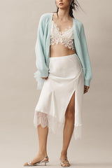 Fashionable Splicing Mesh Ruffle Knitted Long-sleeved Loose Cardigan