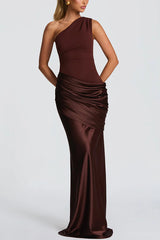 Stylish One-shoulder Sleeveless Satin Draped Slim-fit Maxi Dress