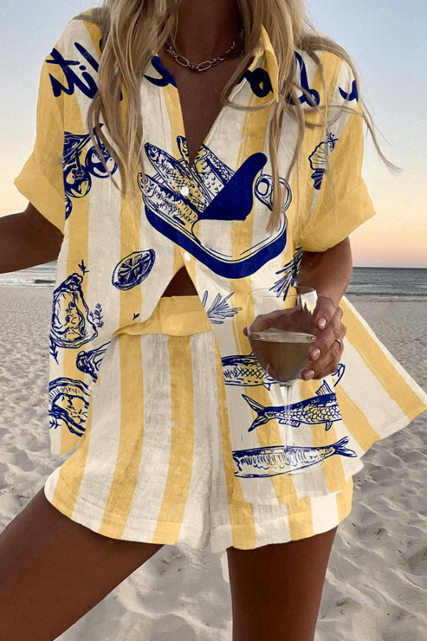 Sardine Can Print Loose Button Elastic Waist Shorts Set