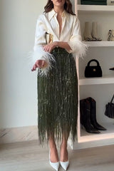 Party Crasher Feather Trim Long Sleeve Button Up Loose Blouse