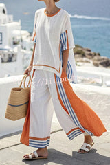 Linen Blend Unique Print Half Sleeve Top and Elastic Waist Pocket Loose Pants Set