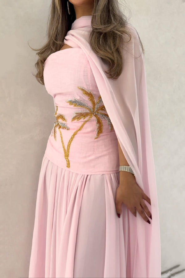 Stylish Beaded Sleeveless Off-shoulder Elegant Maxi Dress with Chiffon Shawl