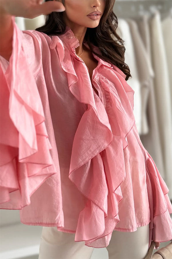Breezy Touch Chiffon Layered Ruffles Long Bell Sleeve Button Up Loose Blouse