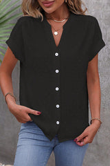 Solid Color Jacquard V-Neck Button Casual Shirt