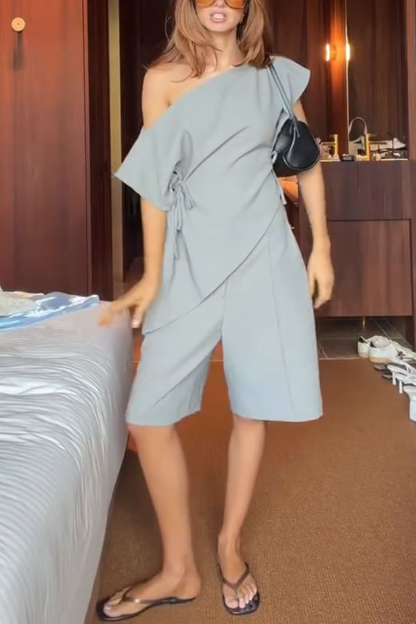 Modern Stylish Off Shoulder Side Lace-up Top and Mid Rise Pocket Bermuda Shorts Set