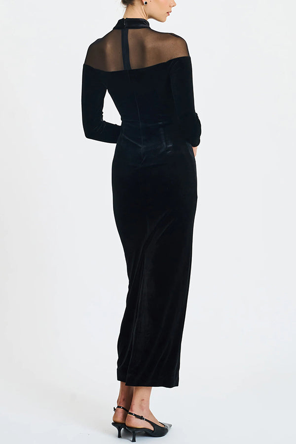 Fashionable Velvet and Mesh Spliced long-sleeved Slim-fit Maxi Dress