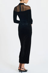Fashionable Velvet and Mesh Spliced long-sleeved Slim-fit Maxi Dress