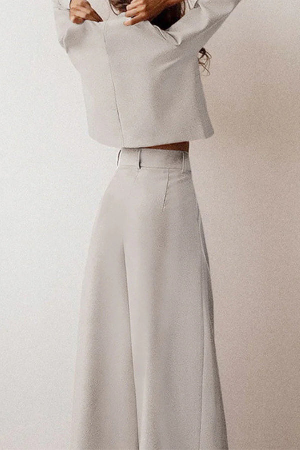 Solid Color Crew Neck Long-sleeved Cropped Top and Casual Pocket Wide-leg Pants Set