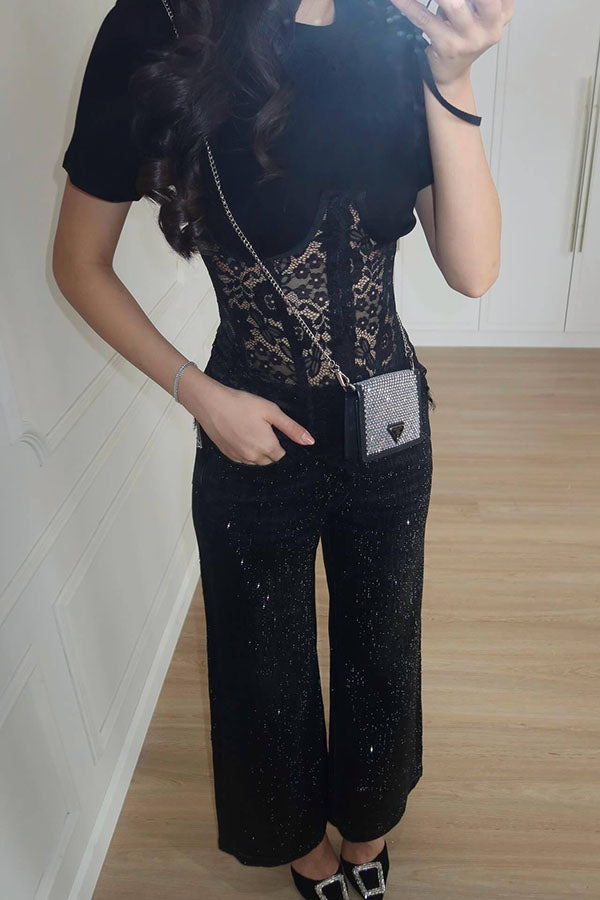 Deelia Lace Fishbone Short Sleeve Back Lace-up Waisted T-shirt