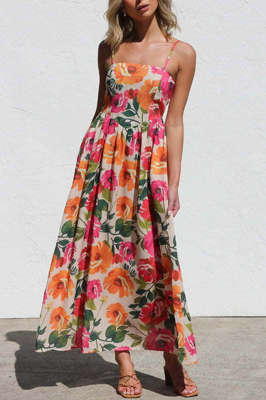 Floral Print Sleeveless Square Neck Casual Holiday Midi Dress