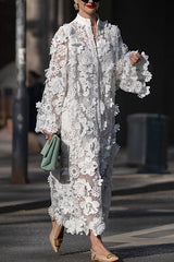 Solid Color Hollow Embroidery Loose Long Sleeve Midi Dress