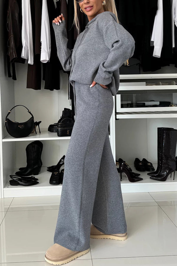 Solid Color Loose Hooded Tie Sweatshirt and Elastic Waist Casual Straight Pants Set