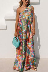 Rainbow Breeze Satin Unique Print Bow One Shoulder Loose Maxi Dress